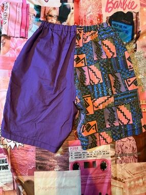Vintage hand sewn Purple & Multicolor Patterned Elastic Waist Shorts